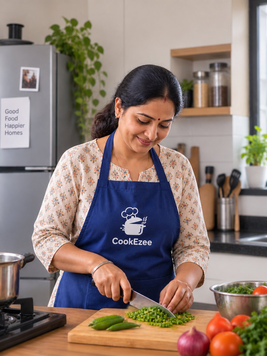 A CookEzee home cook in a blue uniform cooking fresh food in a Bangalore kitchen